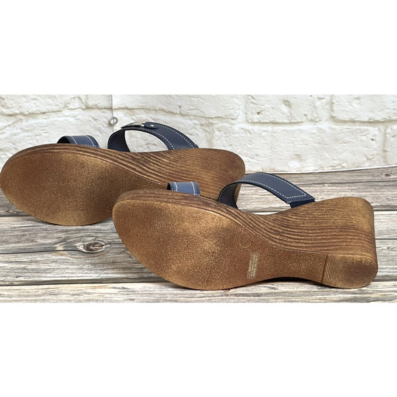 Italian Shoemaker Sandals Wedge Navy Blue Leather Straps Fits 10 M - Picture 12 of 16